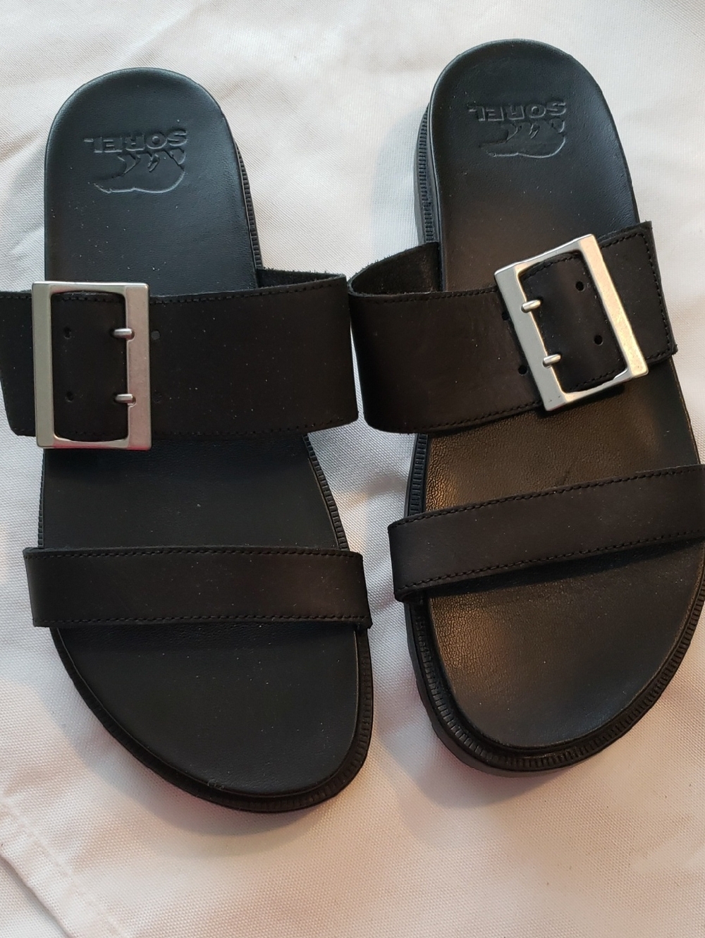 Sorel Womens Flat Black Double-Strap Slide Sandals with Silver Buckles